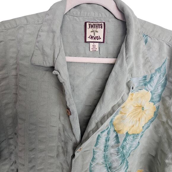 VTG Tommy Bahama Silk Shirt Men L Green Floral Seersucker Hawaiian Vacation - Picture 2 of 8